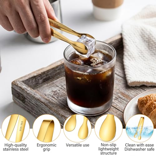 Gold Stainless Steel Ice Tongs - Small Serving & Cocktail Utensils, 8 Pack