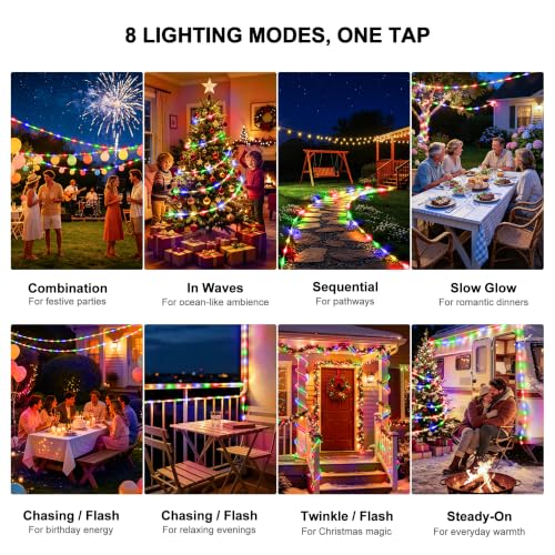 33ft Solar Rope Lights, 100 LED Waterproof Outdoor String Lights