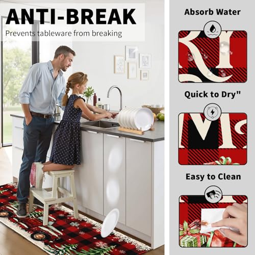 Merry Christmas Kitchen Rugs Set of 2 17x30 & 17x47 in Red Truck Snowflake Buffalo Plaid
