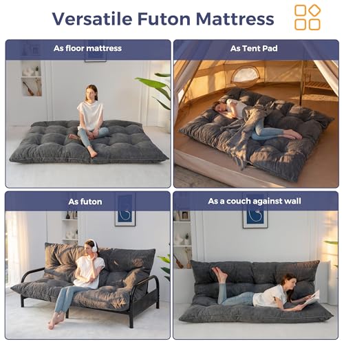 MAXYOYO Queen Dark Grey Japanese Foldable Floor Mattress - Thick Tatami Sleeping Pad, Portable Futon Couch for Camping & Guest Room