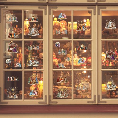 AHANDMAKER 12 Sheets Christmas Nativity Scene Window Clings Christmas Rub on Transfer Stickers Furniture Decal for Home School Office Decoration DIY Crafts Supplies, 5.5x5.5