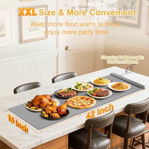 Ntoaujao Large Gray Food Warming Mat 42x15 Inches with Heat-Resistant Pad & 6 Temp Settings