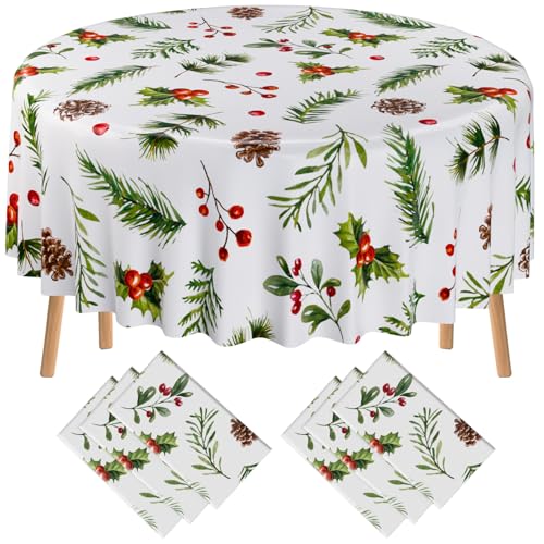 Oudain 6 Pack Christmas Round Tablecloth 84 Inch Holly Berry Cover for Holiday Dining