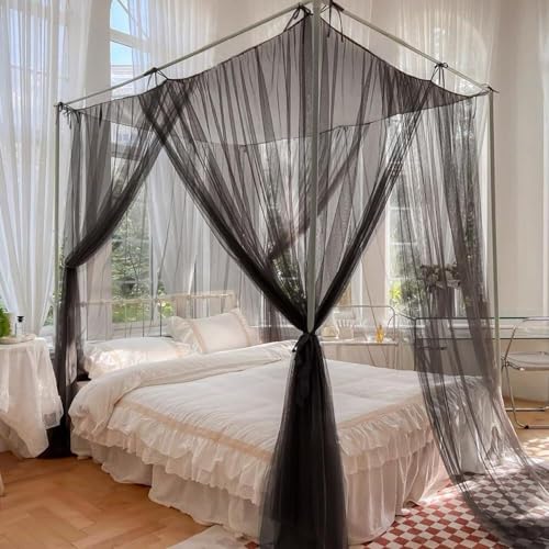 Black Mosquito Net Bed Canopy - 4 Corner Post Curtains for King & Queen