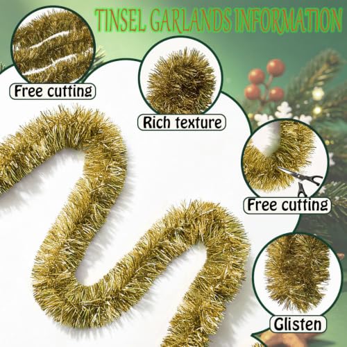 Pale Gold Christmas Tinsel Garland 33 ft - Glitter Foil Twist Garlands for Holiday Decor