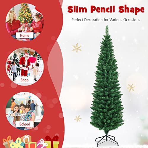 6ft Slim Pencil Artificial Christmas Tree with Metal Stand, Unlit Green