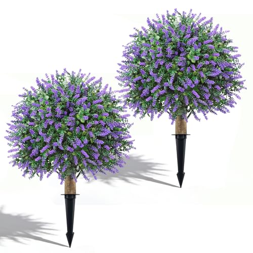 22-Inch Artificial Lavender Topiary Ball Trees, UV Resistant 2-Pack