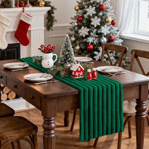Christmas Table Runner 13x36 Inch Faux Rabbit Fur Holiday Decor - Green