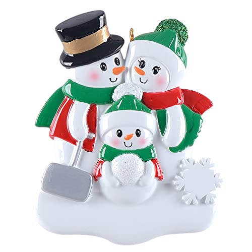 Personalized Snowman Family of 3 Christmas Ornament with Snow Shovel - Holiday Decor