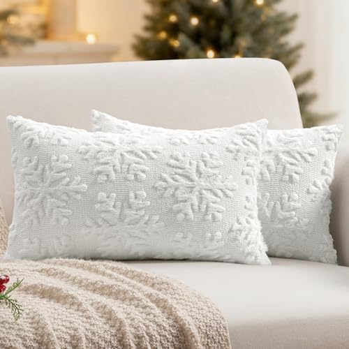 MIULEE 20x12 Inch White Snowflake Christmas Pillow Covers Set of 2 Faux Wool Winter Decor