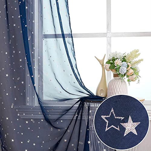 Navy Blue Star Sheer Curtains for Kids Nursery - 106-Inch Long Rod Pocket