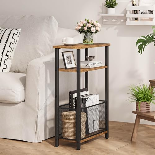 3-Tier Slim Side Table with Storage Basket, Rustic Brown Narrow End Table