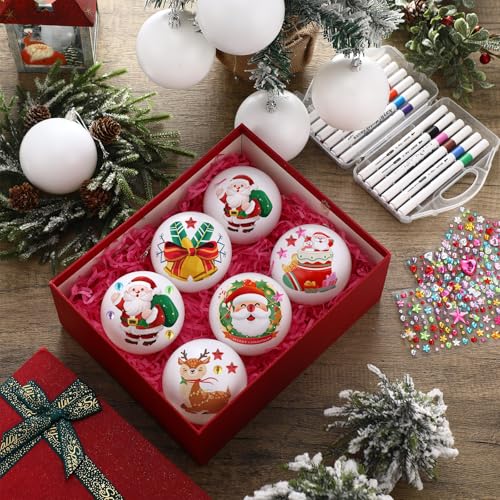 DIY Christmas Ornament Kit - 24 White Plastic Balls with Markers & Stickers - Variation of 24