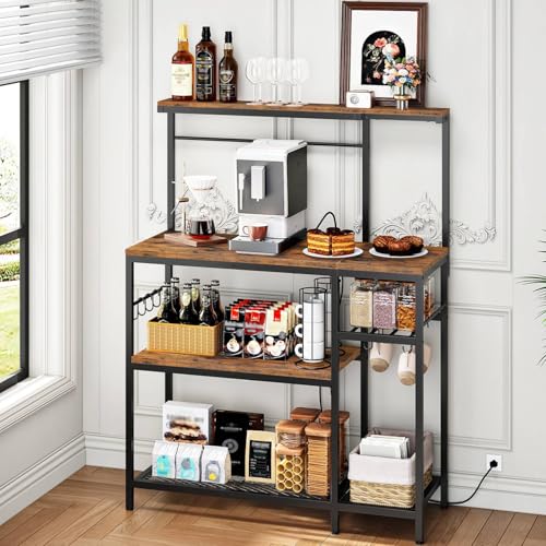 L-Shaped 4-Tier Bakers Rack with Power Outlet and Wine Storage, Rustic Brown