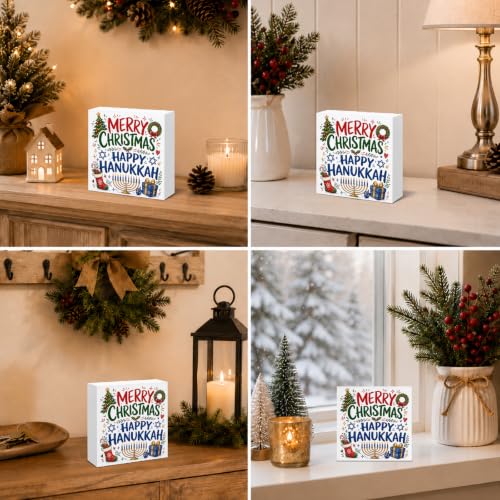 Happy Hanukkah & Christmas Holiday Decorations Wooden Sign - Festive Seasonal Decor