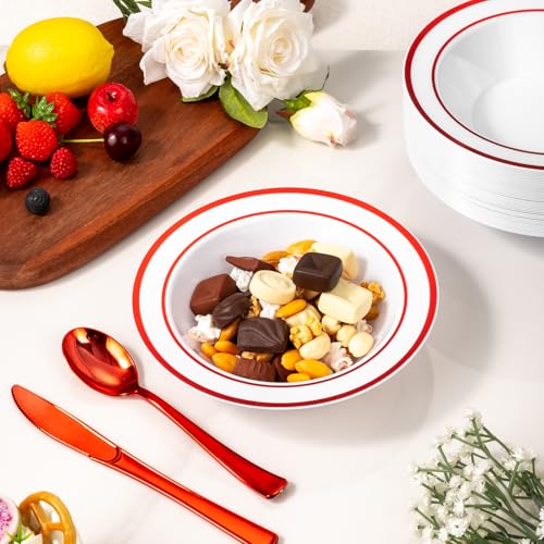 Goodluck 50 Pack Red Rim Plastic Bowls - Disposable 12oz Party & Dinnerware