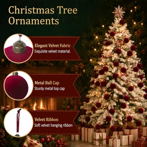 Nhohobiy 15Pcs Burgundy Red Velvet Christmas Tree Ball Ornaments, 2.65in Flocked Xmas Balls - Red / 15Pcs