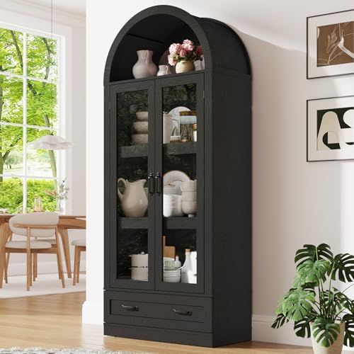 75" Tall Arched Kitchen Pantry Cabinet with Glass Doors and Drawer