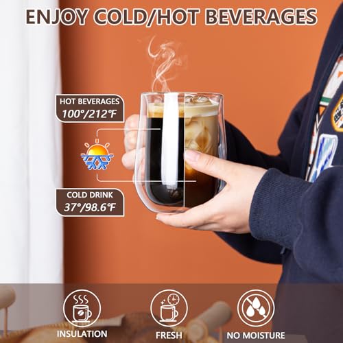 COMOME 16 oz Double Walled Borosilicate Glass Coffee Mugs Set of 2 with Spoons - Insulated Hot Beverage Cups