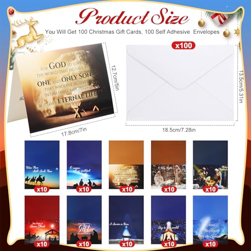 Zhanmai 100 Pack Religious Christmas Cards with Bible Verses & Envelopes - Classic Style