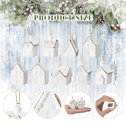 9 Pieces Small White Ceramic Village House Ornaments for Christmas Tree Hanging Decorations with Gold Ropes Mini Xmas Figurines Set Stocking Stuffers Table Centerpieces