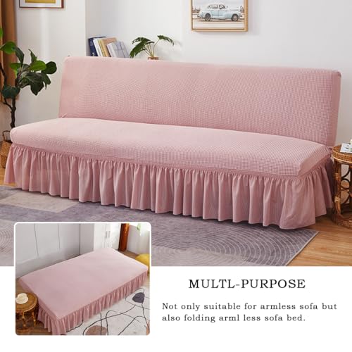 Stretch Futon Cover with Skirt for Armless Sofa Bed - Full Size, Knitted Fabric, Elastic Bottom, Pink