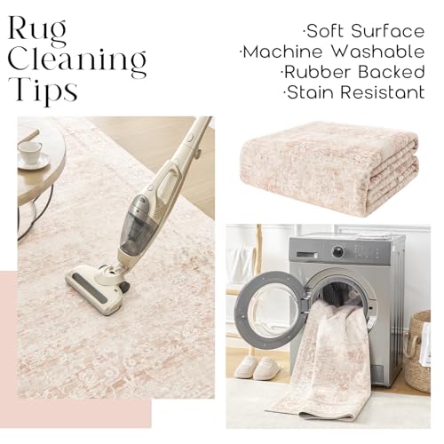 Vintage Floral Pink Nursery Rug - 5x7 Washable Boho Distressed Area Rug