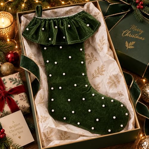 Sosation Velvet Christmas Stockings Set of 4 - Moss Green, Pearls & Ruffled Trim