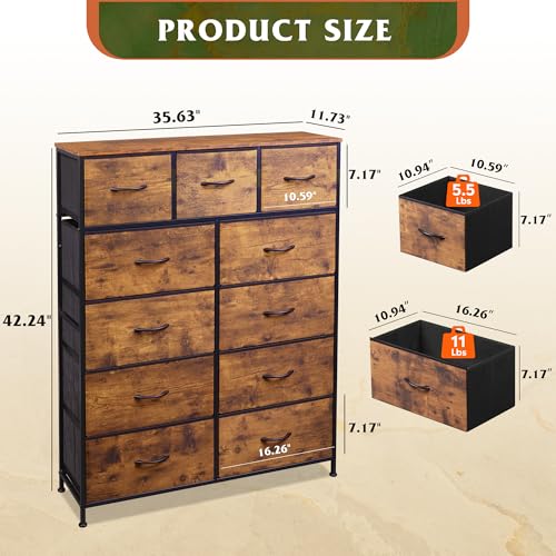 Tall Fabric Dresser with 11 Drawers and Wood Top, Rustic Brown Storage Chest