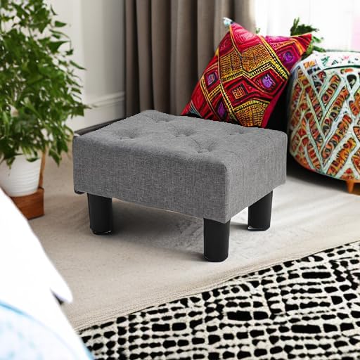 Linen Small Footstool Ottoman with Storage and Solid Wood Legs, Gray