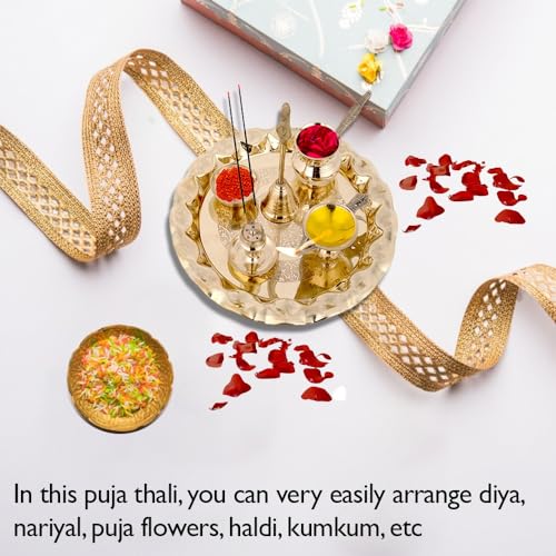 Brass Puja Thali Set - 8.75 Inch Aarti Thali with Diya and Bell for Home Mandir
