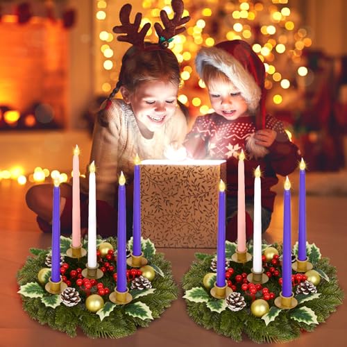Waipfaru Green Christmas Advent Wreath Set with Flameless Candles, 12 Inch Holiday Centerpiece