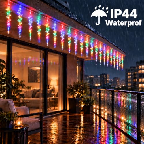 Pooqla Icicle Lights Outdoor Christmas 12 Tubes 120 LED Colorful with 8 Modes