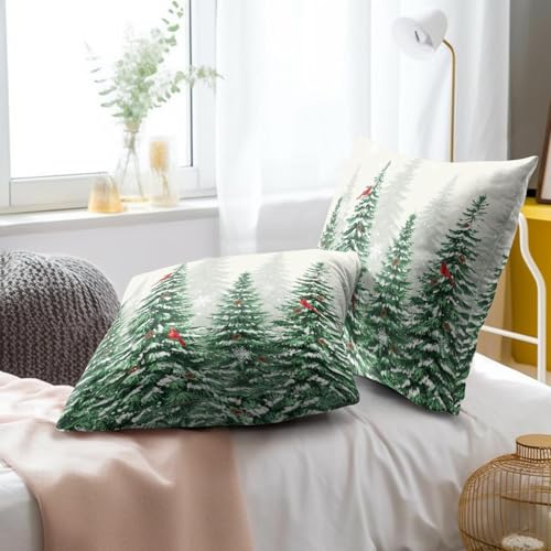 Harooni Winter Cardinal Bird Pine Tree Pillow Covers 20x20 Inch Set of 2 - Christmas Snow Forest Home Decor