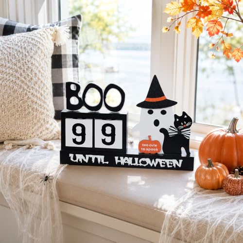 Wooden Halloween Countdown Calendar with Movable Number Blocks & Ghost Decor
