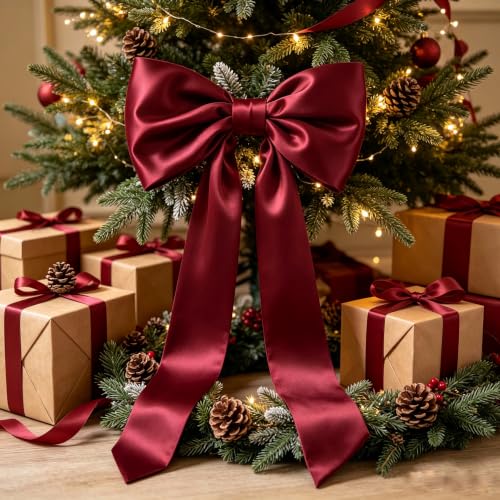 Large Satin Christmas Tree Topper Bow – Wine Red Velvet, 16in Ribbon