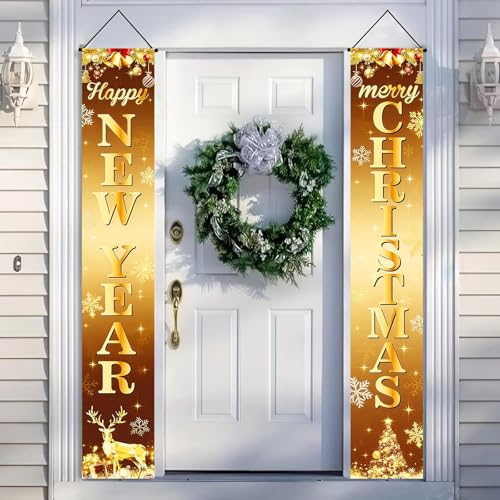 Merry Christmas & Happy New Year Porch Banner Set 12x71 Inch Gold Snowflakes Reindeer Holiday Home Decor
