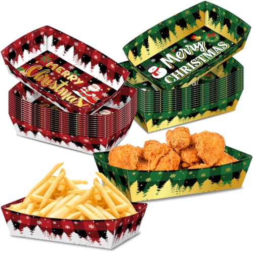Christmas Snowflake Paper Food Trays Pack of 50 - No Folding, 2Lb Capacity, Multicolor Plaid Design