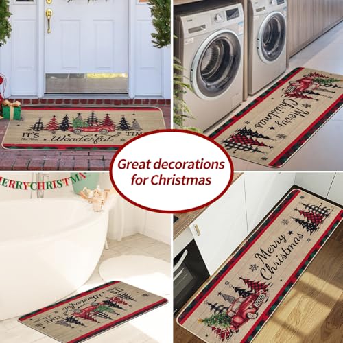 Christmas Kitchen Mats Set of 2 - Truck & Tree Runner Rugs, Brown