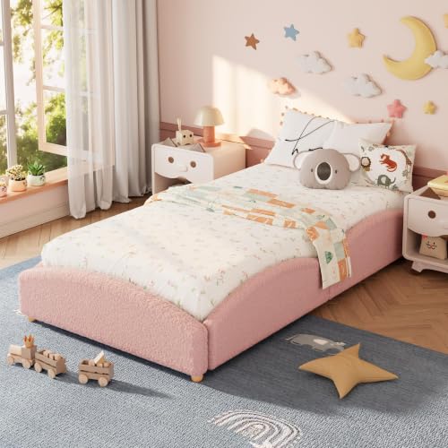 Twin Size Teddy Fabric Floor Bed Frame with Padded Sides - Pink