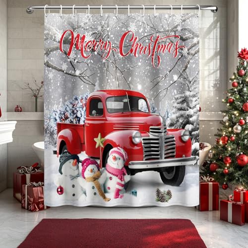 DASHAN Red Truck Christmas Shower Curtain with Snowman - Winter Holiday Waterproof Fabric, 72x72 inches, Grey Variant