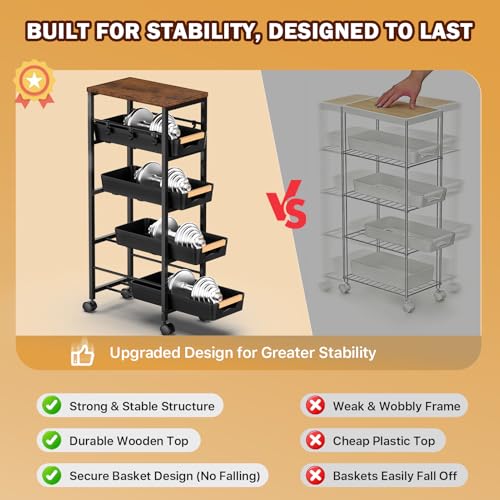 5-Tier Slim Storage Cart with Wheels & Wooden Top, Narrow Utility Cart