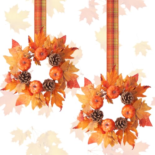 2-Pack Mini Fall Wreaths with Plaid Ribbons - Candle Ring Decor for Table