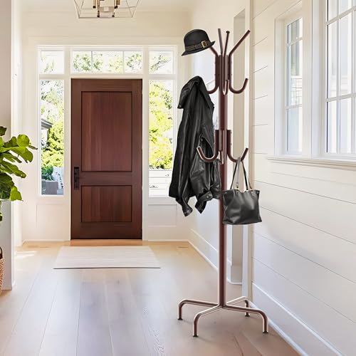 Standing Coat and Hat Rack, 12-Hook Metal Organizer, Bronze Finish