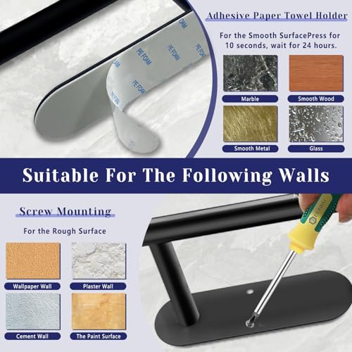 Bollove Black Stainless Steel Paper Towel Holder Self Adhesive Under Cabinet