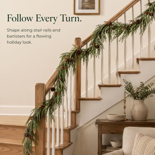 VellXelZor 9FT Artificial Christmas Garland Norfolk Pine with Berries and Pinecones