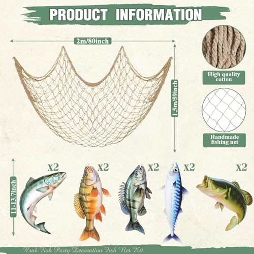 Fishing Party Decorations Set with Large Net and 10 Fish Cardboard Cutouts
