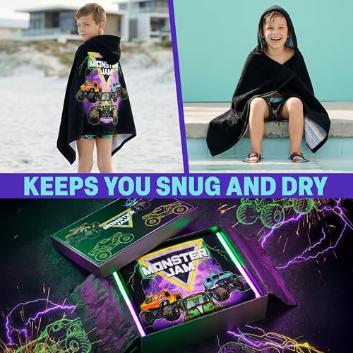 Monster Truck Hooded Bath Towel for Boys, 49x30 Inch Cotton Poncho