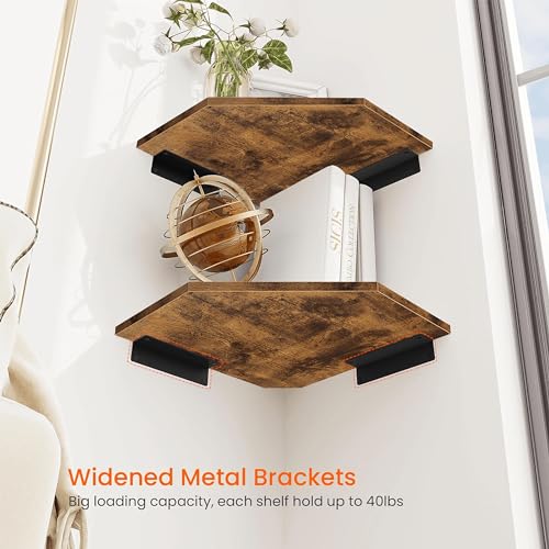 Set of 4 Floating Corner Shelves with Cable Management - Rustic Brown