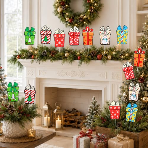 14PCS Christmas Gift Box Tree Picks Decorations Red & Green Holiday Ornaments